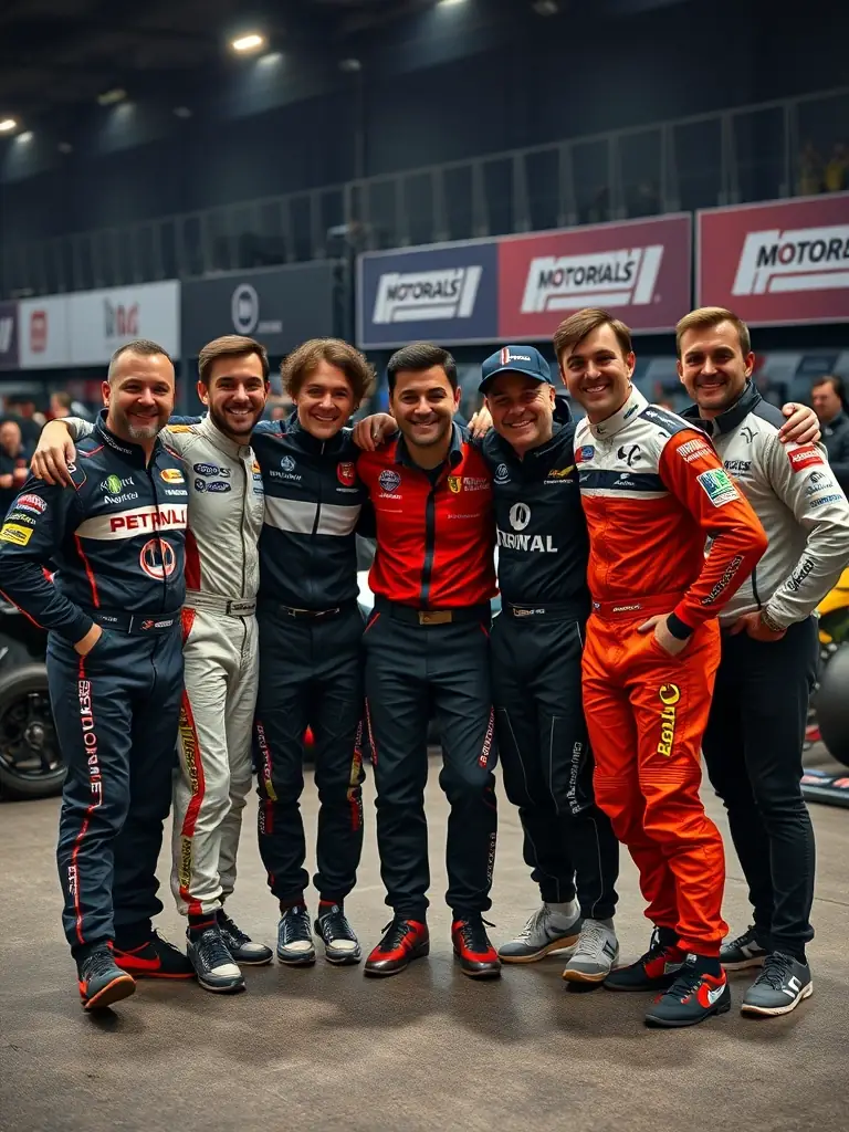 A group photo of Club Pro Team Sport De Grenoble members at a motorsports event, displaying team spirit and camaraderie.