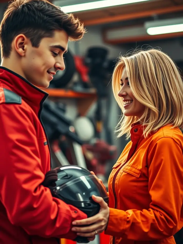 A close-up shot of a Club Pro Team Sport De Grenoble member receiving a racing helmet, symbolizing the entry-level membership tier and its focus on providing essential gear and safety training.