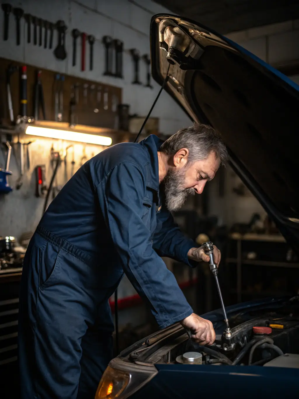 An image of a Club Pro Team Sport De Grenoble member working on a race car engine in a garage, representing the intermediate membership tier and its emphasis on technical skills development.