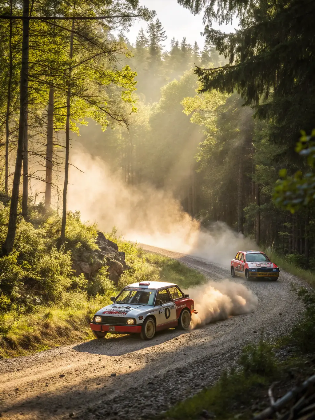 Action shot of a Peugeot Talbot Sport rally car speeding through a dirt track during the Grenoble Rally, showcasing the event's intensity and the club's participation.