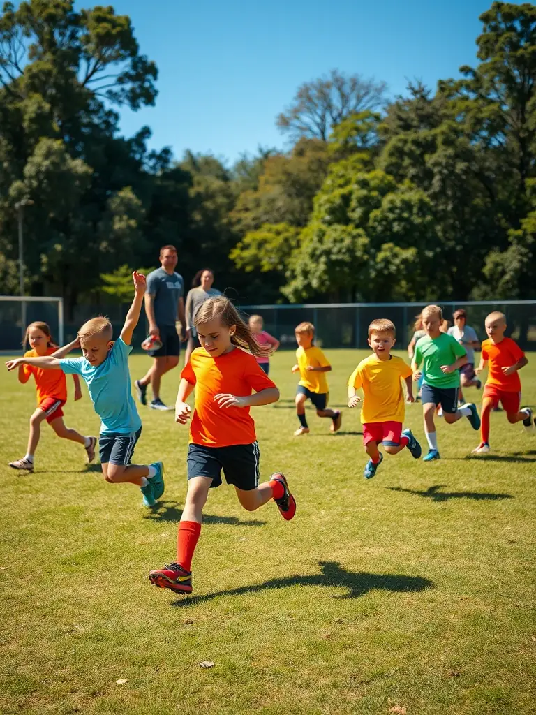 A vibrant image of children and adults playing soccer and participating in fitness classes in a community park, representing ARMONIA's Community Sports Programs.