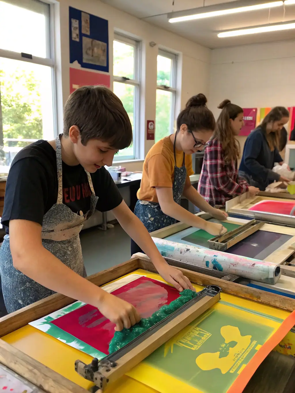 A vibrant image showcasing various screen printing designs and equipment used in a screen printing workshop at Papier Charbon.