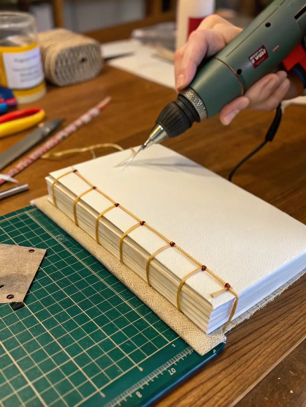 A close-up shot of hands carefully assembling a handmade book during a bookbinding workshop at Papier Charbon.