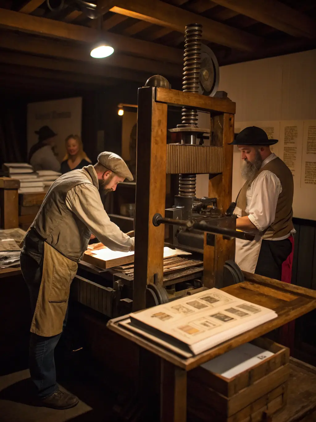 A photograph of a group of people actively participating in a printmaking workshop at Papier Charbon, with inks, presses, and various tools visible on the tables.