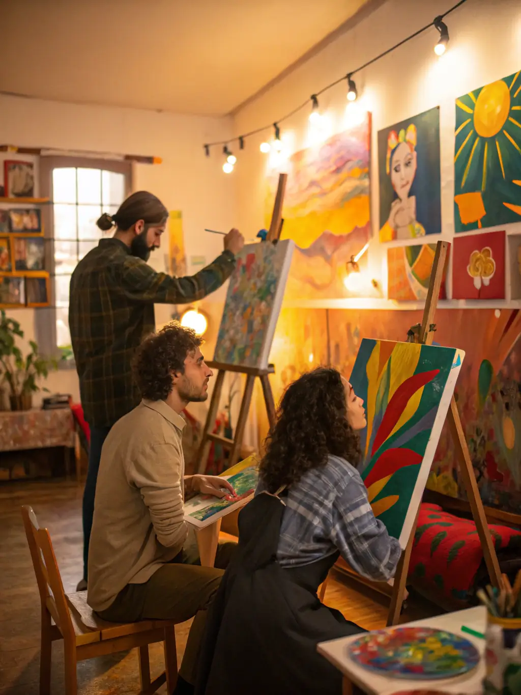 A photograph capturing a group of workshop participants actively engaged in a screen printing session, showcasing the hands-on nature of the workshop and the vibrant colors of the inks being used.