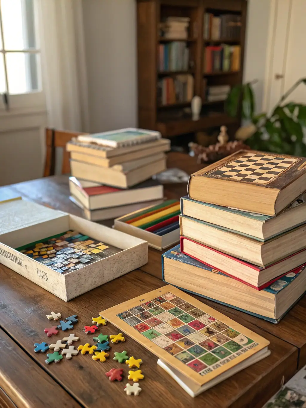 A photograph of finished prints and publications created by workshop participants, displayed on a table, showcasing the tangible results and creative outcomes of the workshops.