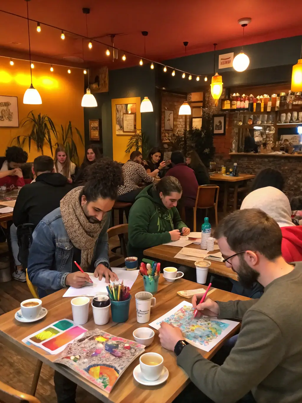 A photo of participants engaged in a collaborative zine-making workshop, showcasing colorful zines and creative layouts.