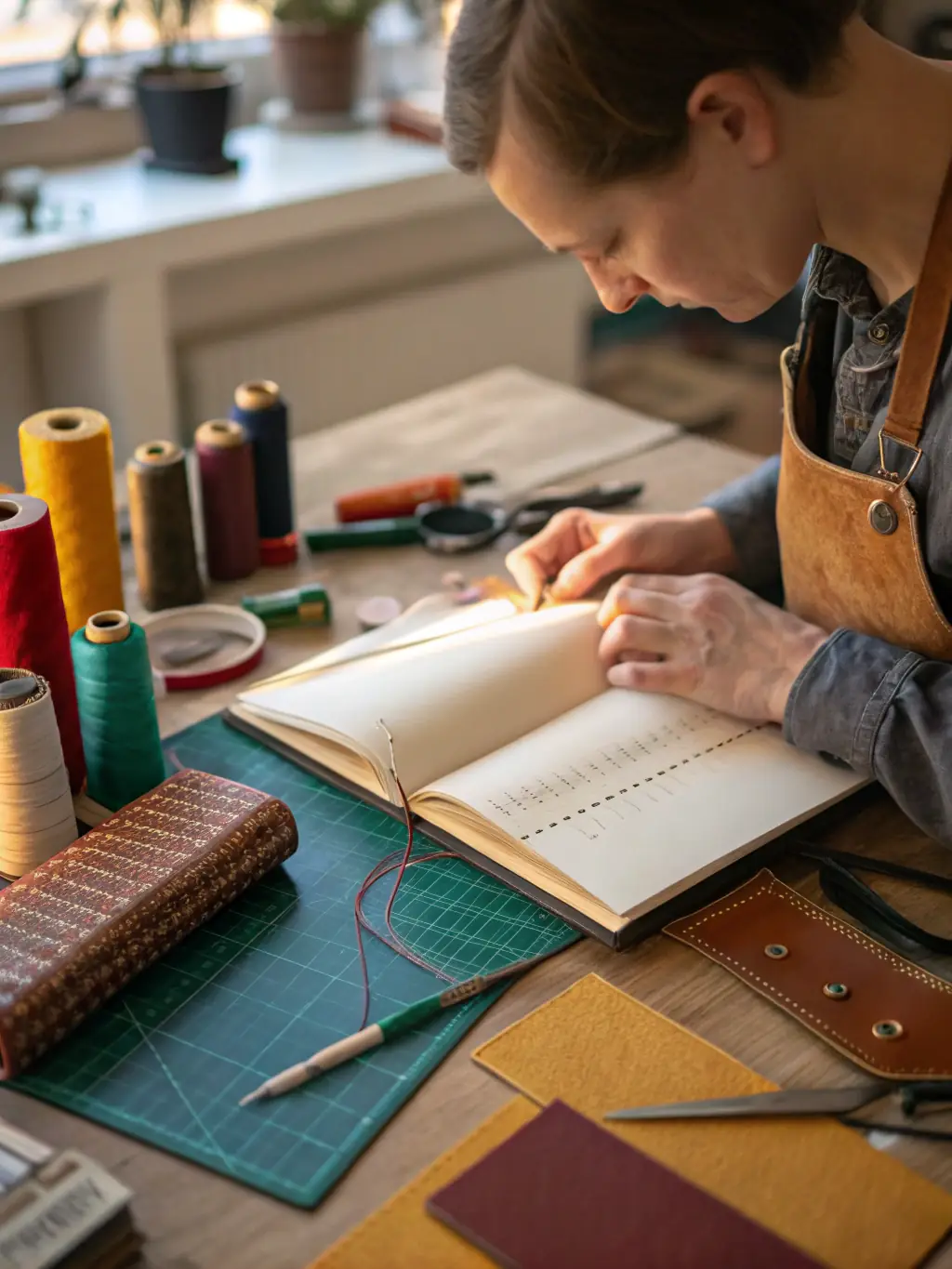 A close-up shot of a participant carefully hand-binding a book during a bookbinding workshop, emphasizing the attention to detail and craftsmanship involved in the process.